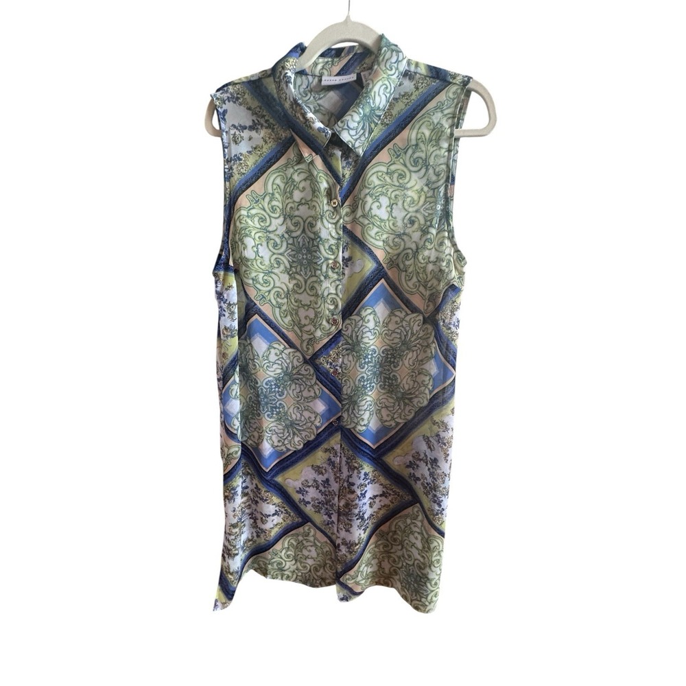 Susan Graver Sheer Sleeveless Short Dress Size 12 Green Blue Patchwork Pattern